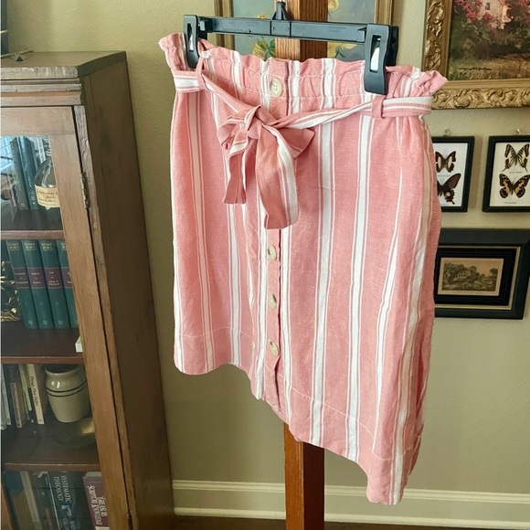 Loft linen blend striped belted button skirt lined elastic waist XS pink white - Picture 3 of 8